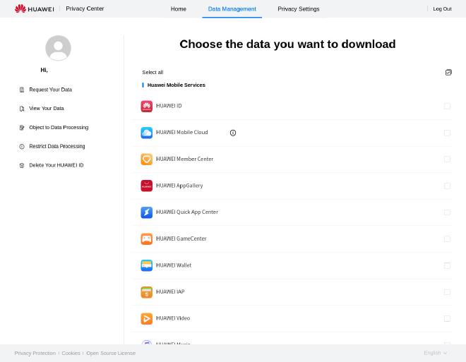 Request Your Data home screen